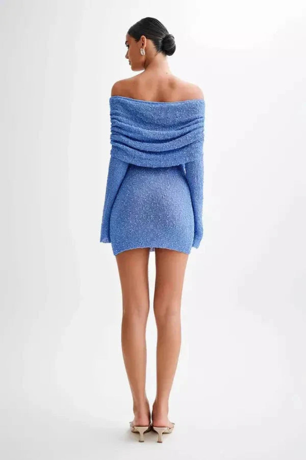 Weave these terms naturally into the product description: bardot mini dress, going out dress, statement dress for wedding guest, birthday dinner outfit, sparkly knit dress, vacation dress, night out dress