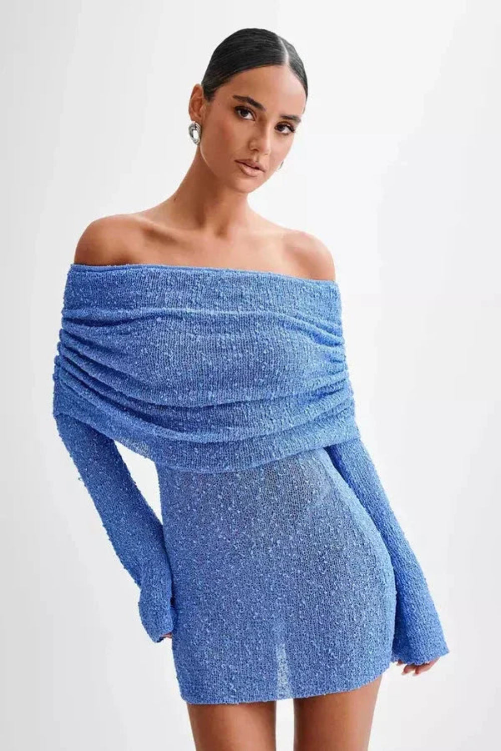 Weave these terms naturally into the product description: bardot mini dress, going out dress, statement dress for wedding guest, birthday dinner outfit, sparkly knit dress, vacation dress, night out dress