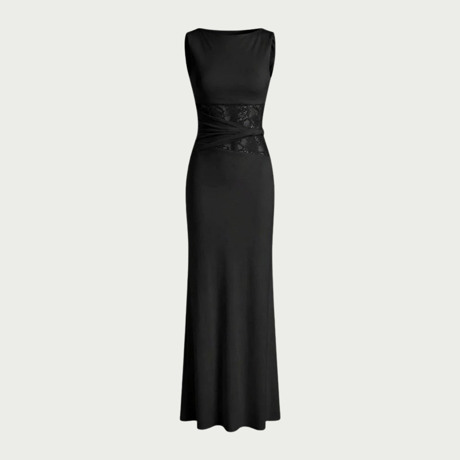 Flat lay of the Kouvr black midi dress, with a detailed view of the front construction, boat neckline, and the sheer mesh panel in the sculpted waist.