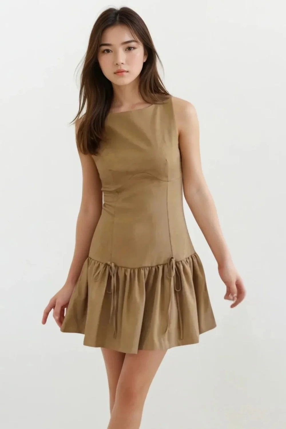 minimalist," "architectural," "modern," "fit and flare," "flounce hem," "day-to-night," and "structured fit