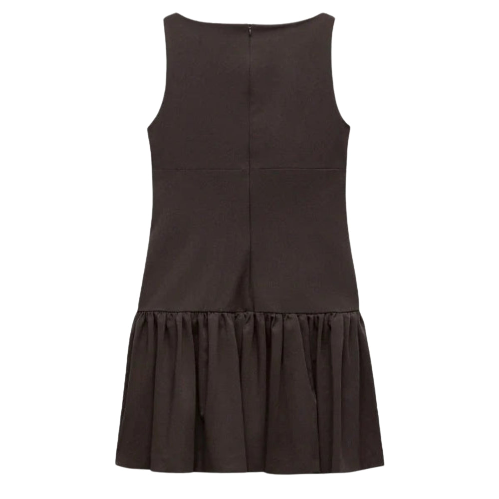 brown Kouvr sleeveless dress with a flared skirt on a white background