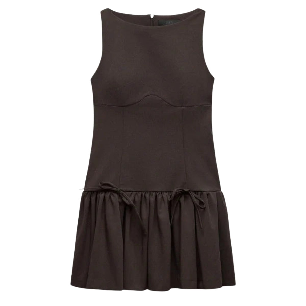 Brown Kouvr dress with a fitted bodice and flared skirt on a white background