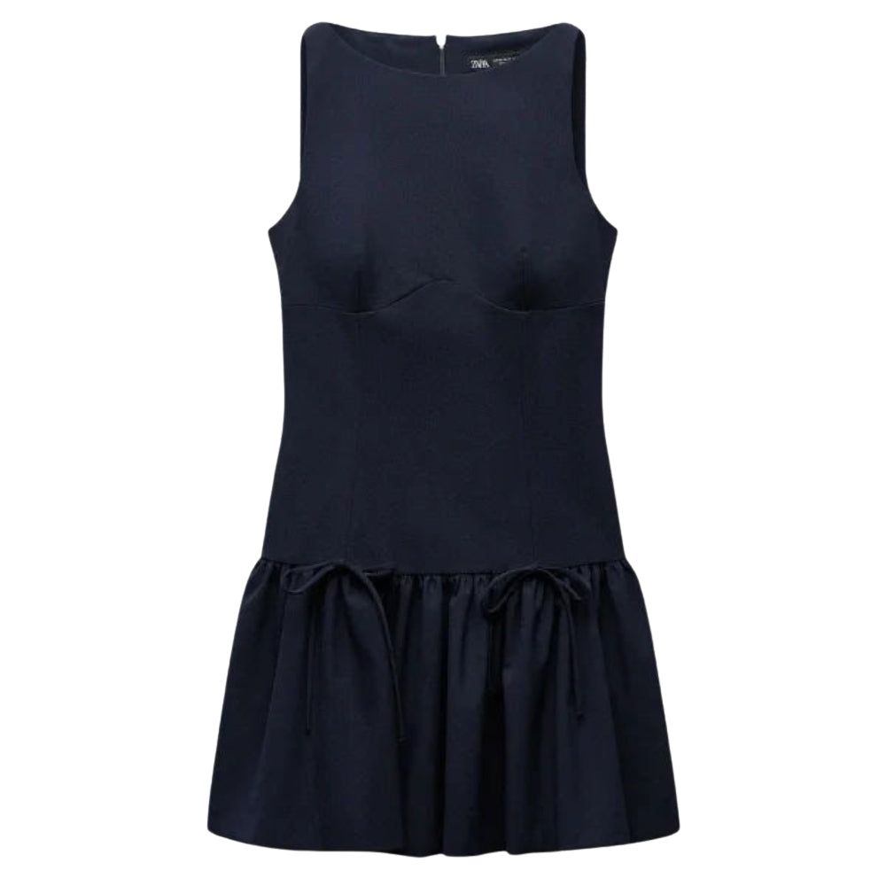 navy Kouvr sleeveless dress with a peplum waist on a white background