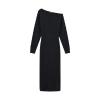 Flatlay product shot of the Kouvr Selena one-shoulder black long-sleeve knit dress, front.