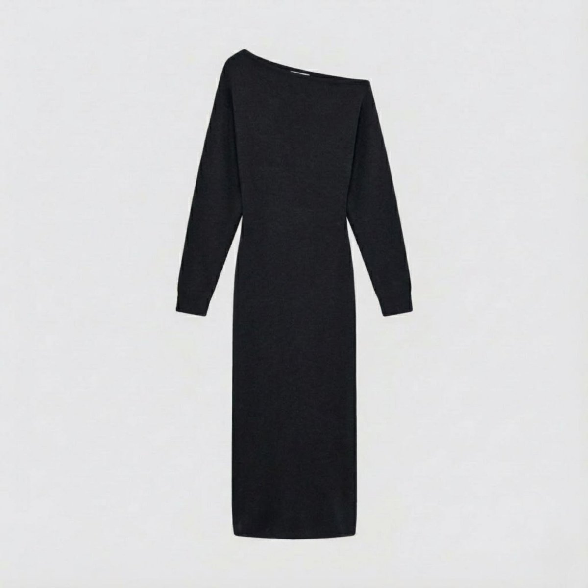 Flatlay product shot of the Kouvr Selena one-shoulder black long-sleeve knit dress, front.
