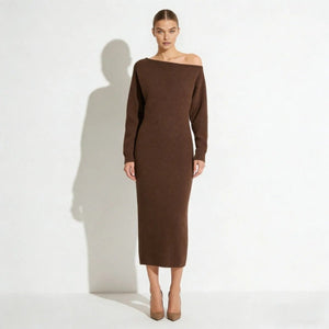 off the shoulder long sleeve sweater dress One Shoulder Knit Midi Dress