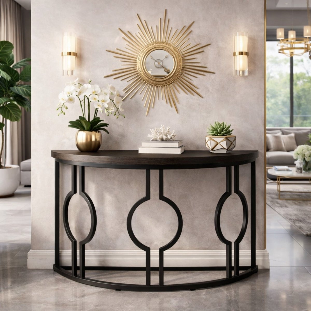 Kouvr semicircle accent table placed beneath a gold sunburst mirror, showcasing the open circle metal framework and dark wood surface.