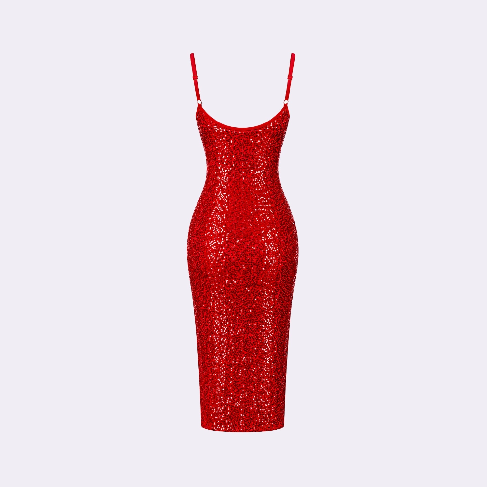 Flat lay back view of luxury sequin evening gown showing hidden zipper detail