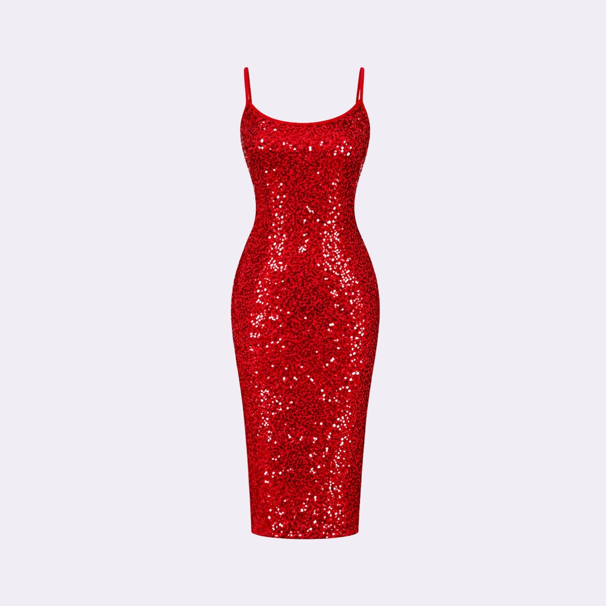 Flat lay front view of premium sequin midi slip dress showing soft scoop neckline