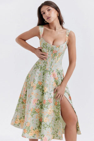 Women's Slim Suspender Slit Floral Dress - Green, S Women's Slim Suspender Slit Floral Dress - Green, S