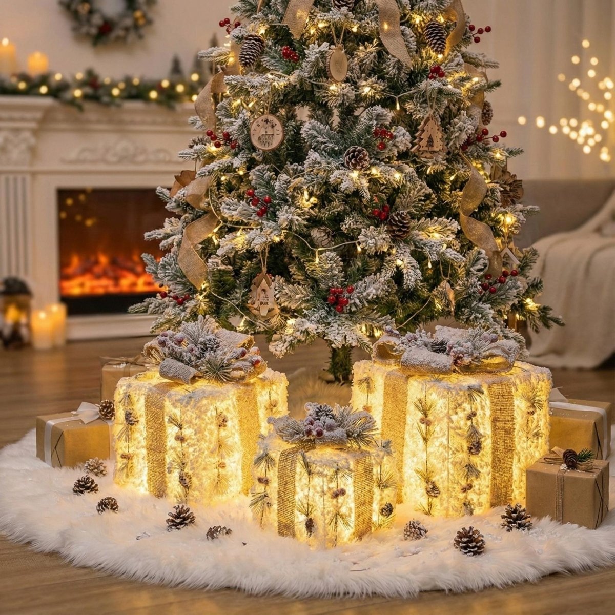 A set of three illuminated burlap gift boxes glowing warmly under a flocked Christmas tree, with a cozy fireplace in the background.