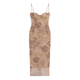 Model wearing Kouvr shaira beige floral corset maxi dress with lace trim for a formal event