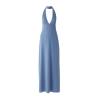 Product flat lay of the cornflower blue satin halter neck maxi dress, clearly displaying the v-neck and halter collar design.