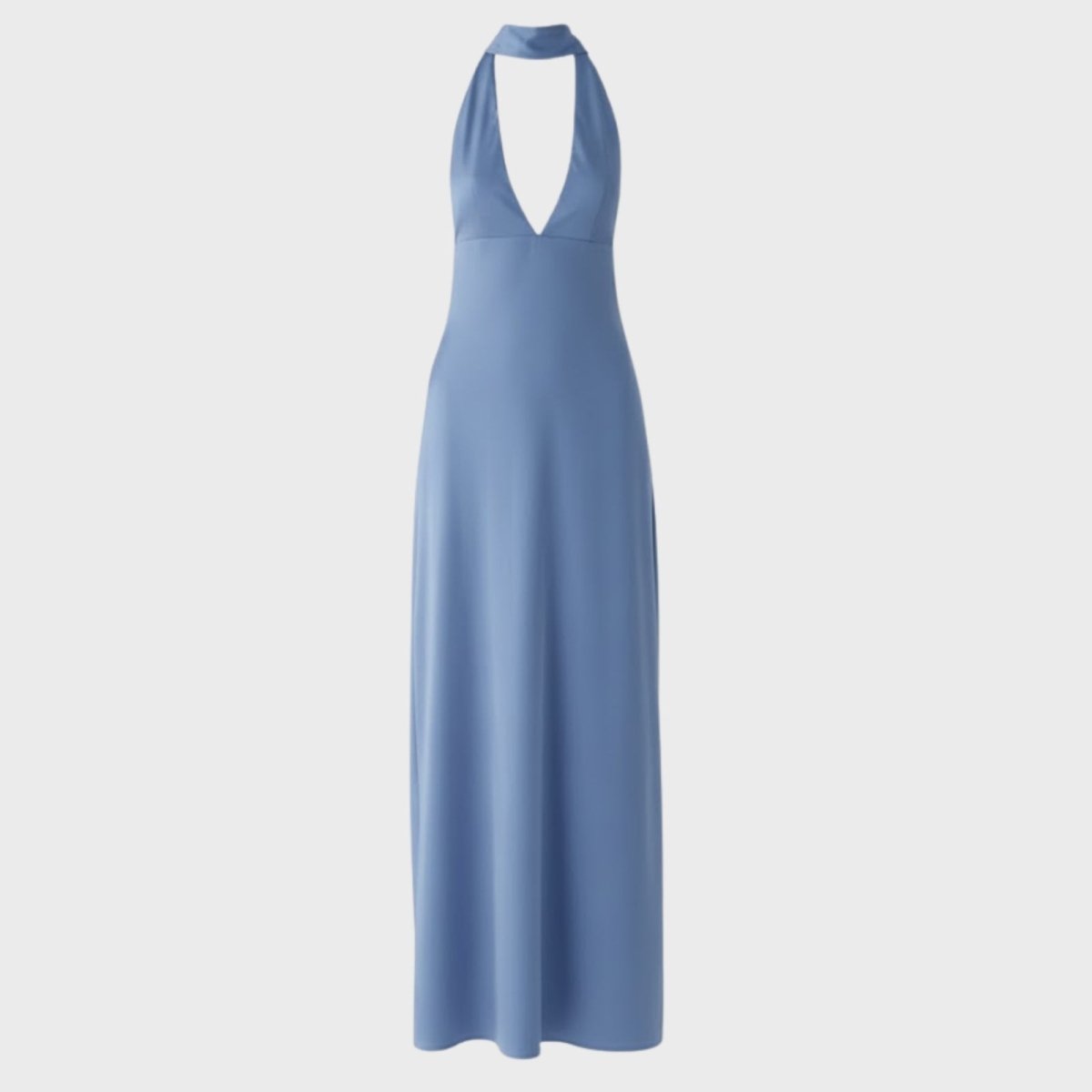 Product flat lay of the cornflower blue satin halter neck maxi dress, clearly displaying the v-neck and halter collar design.
