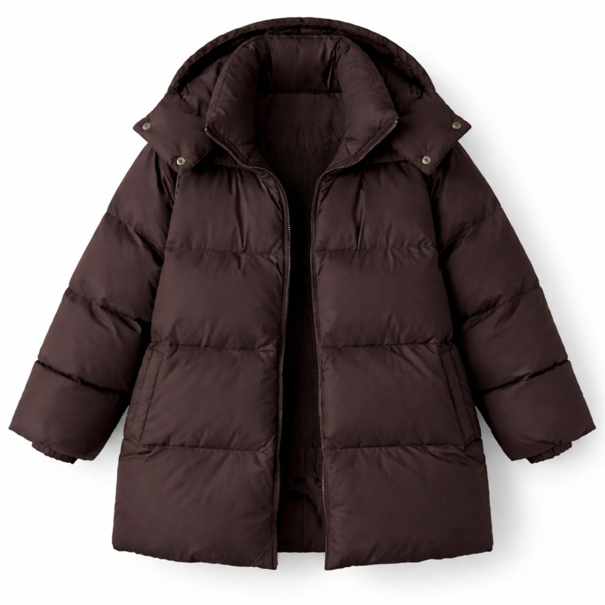 Flat lay of an open brown puffer jacket, showing the interior lining, zipper detail, and high collar design.