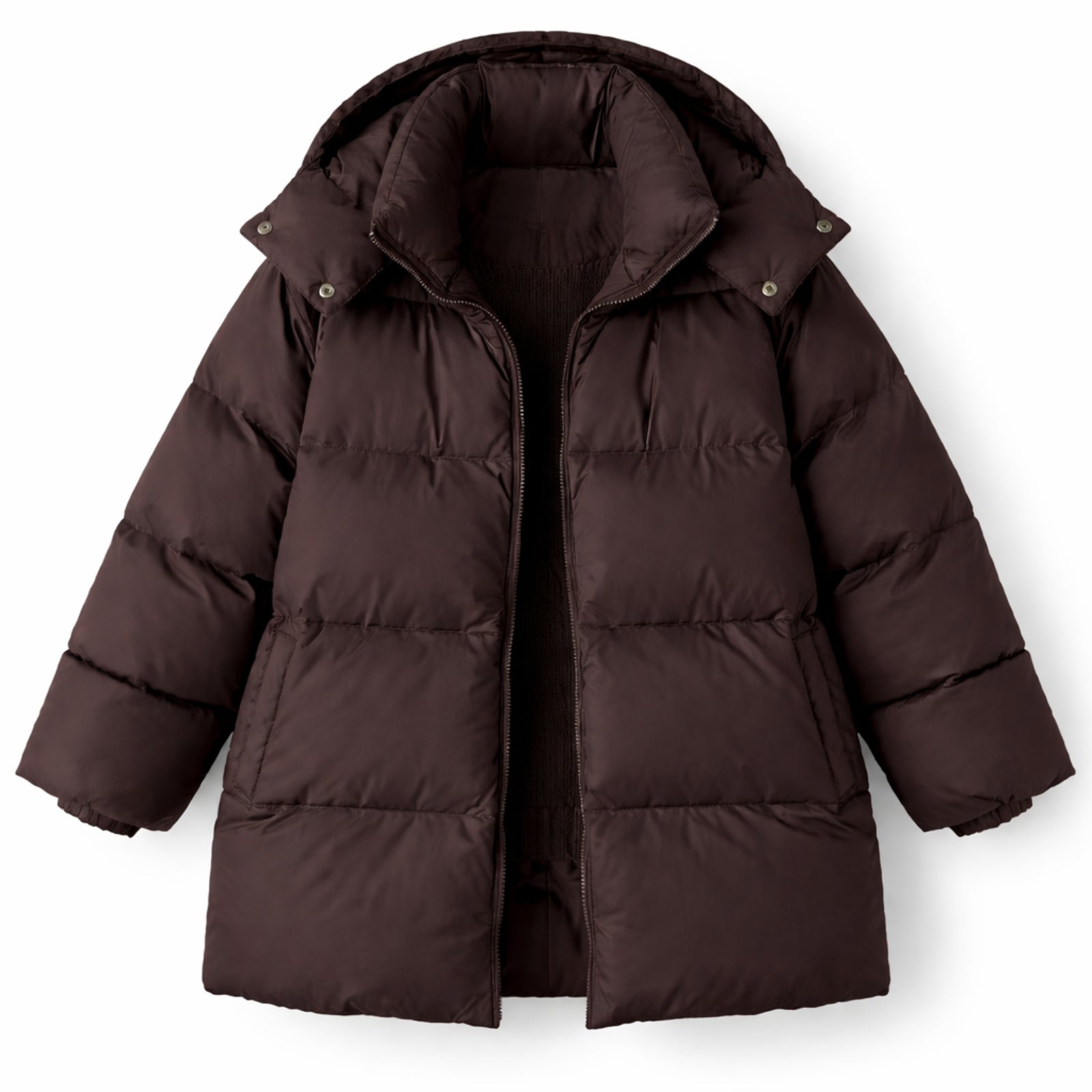 Flat lay of an open brown puffer jacket, showing the interior lining, zipper detail, and high collar design.