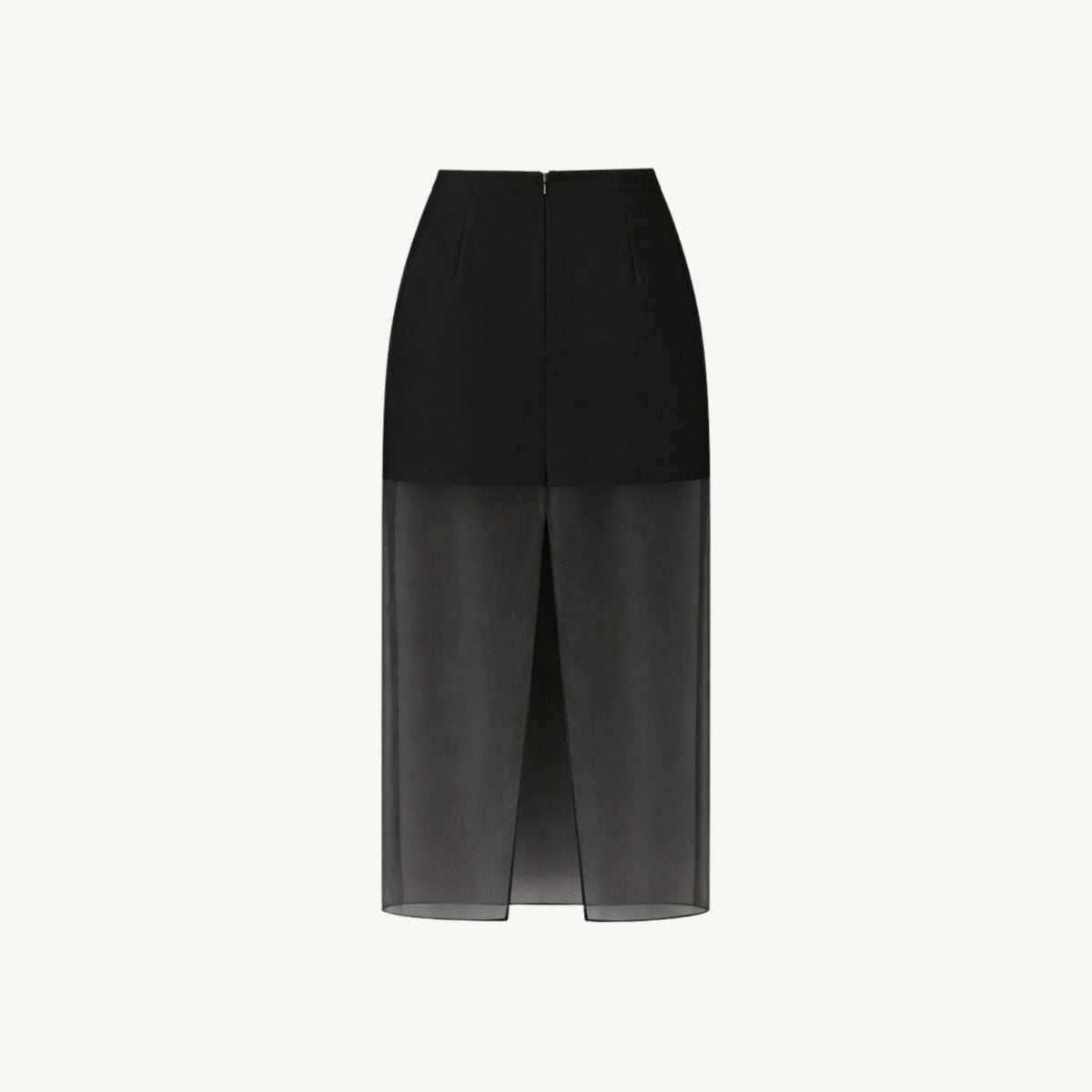 Ghost mannequin back view of black pencil skirt highlighting the back slit in the unlined sheer organza overlay panel