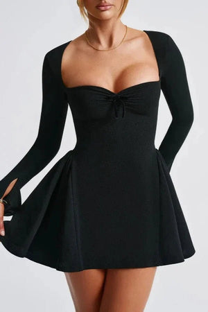 Black Long Sleeve Mini Dress with Sweetheart Neckline | Women's Structured Fit & Flare Cocktail Party Dress | Elegant Evening Skater Dress Kouvr Black Long Sleeve Mini Dress with Sweetheart Neckline | Women's Structured Fit & Flare Cocktail Party Dress | Elegant Evening Skater Dress Kouvr