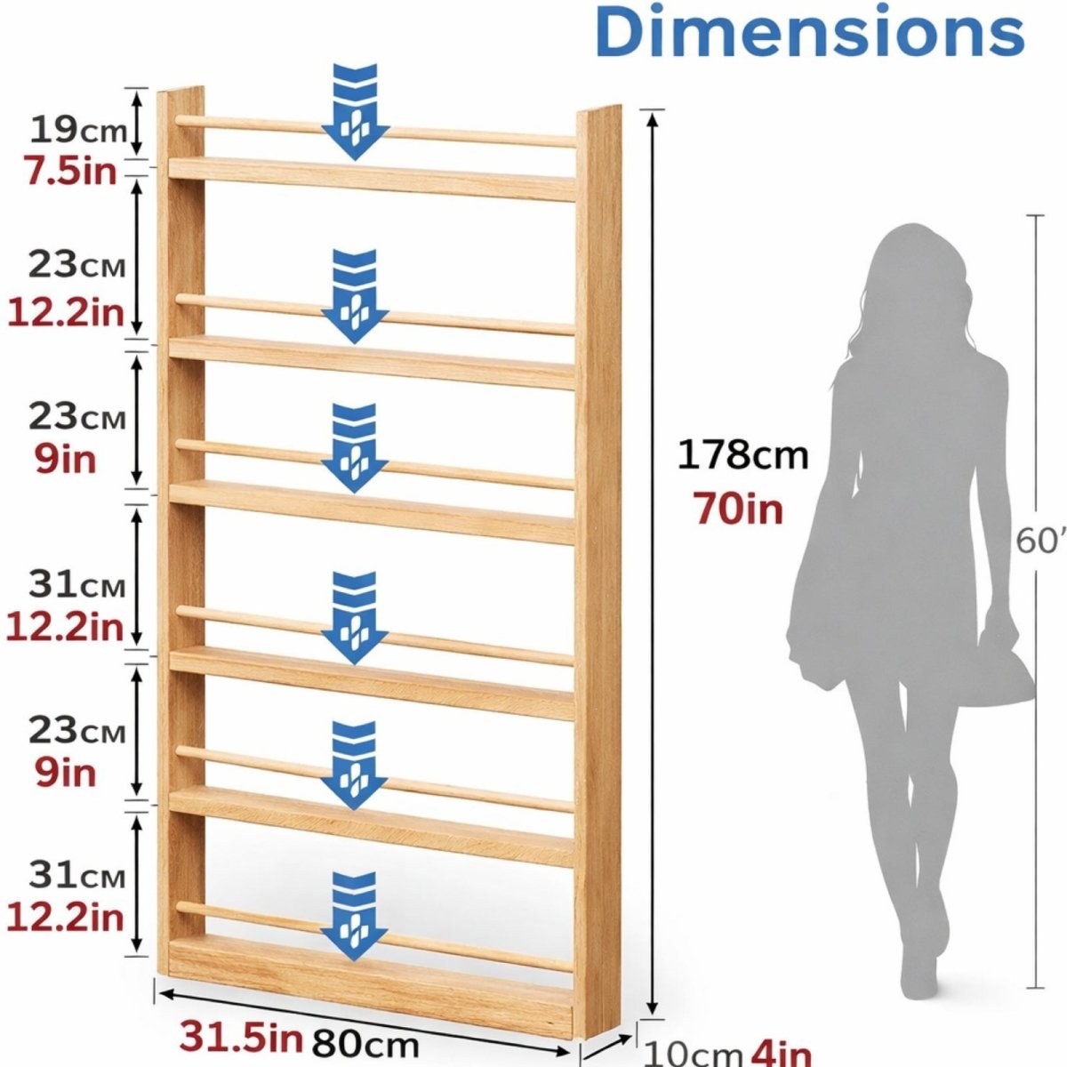 Technical dimension diagram of Kouvr wall shelf showing 70-inch height, 4-inch depth, and adjustable shelf spacing options.
 
