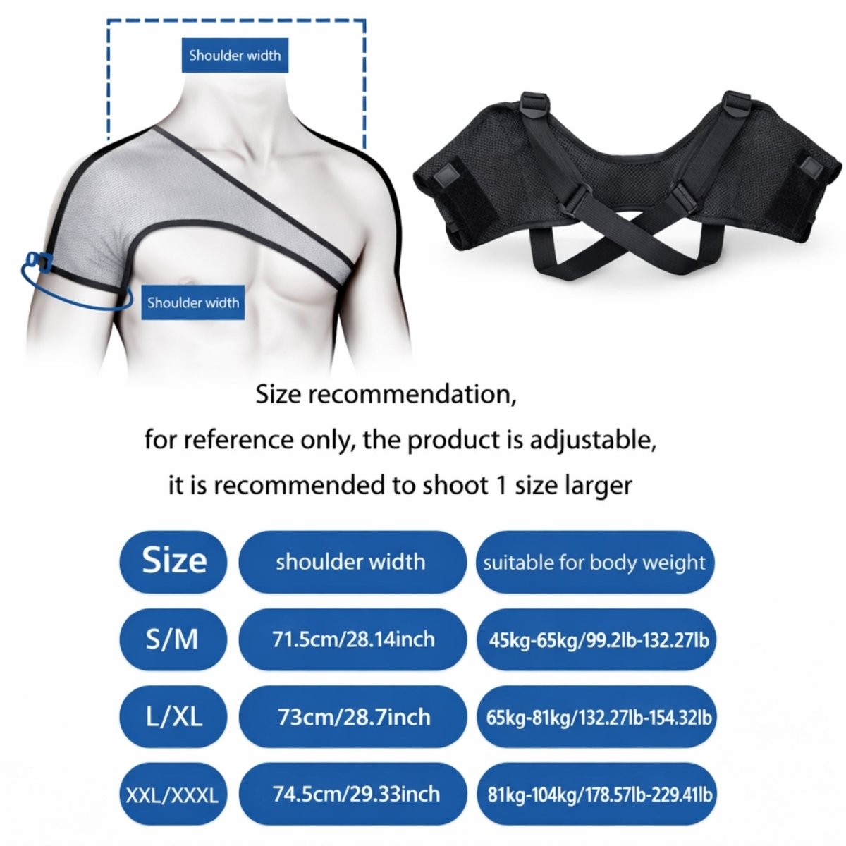 Sizing chart for the Kouvr shoulder brace with recommendations for S/M, L/XL, and XXL/XXXL sizes based on shoulder width and body weight.