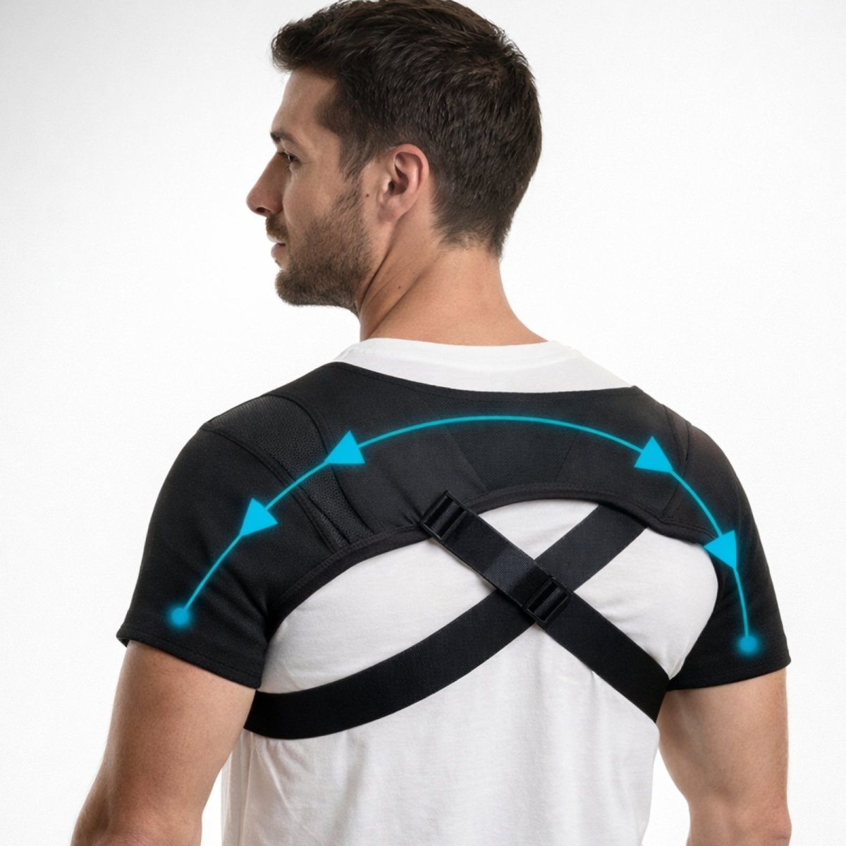 Back view of a man in a Kouvr shoulder brace with blue arrows illustrating how the brace pulls shoulders back to relieve pain and improve posture.