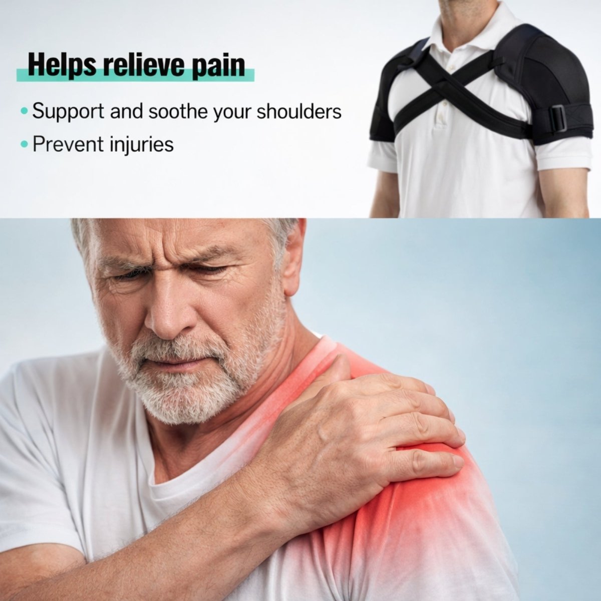 Benefit graphic for the Kouvr shoulder brace showing an older man with shoulder pain and listing benefits like pain relief, support, and injury prevention.