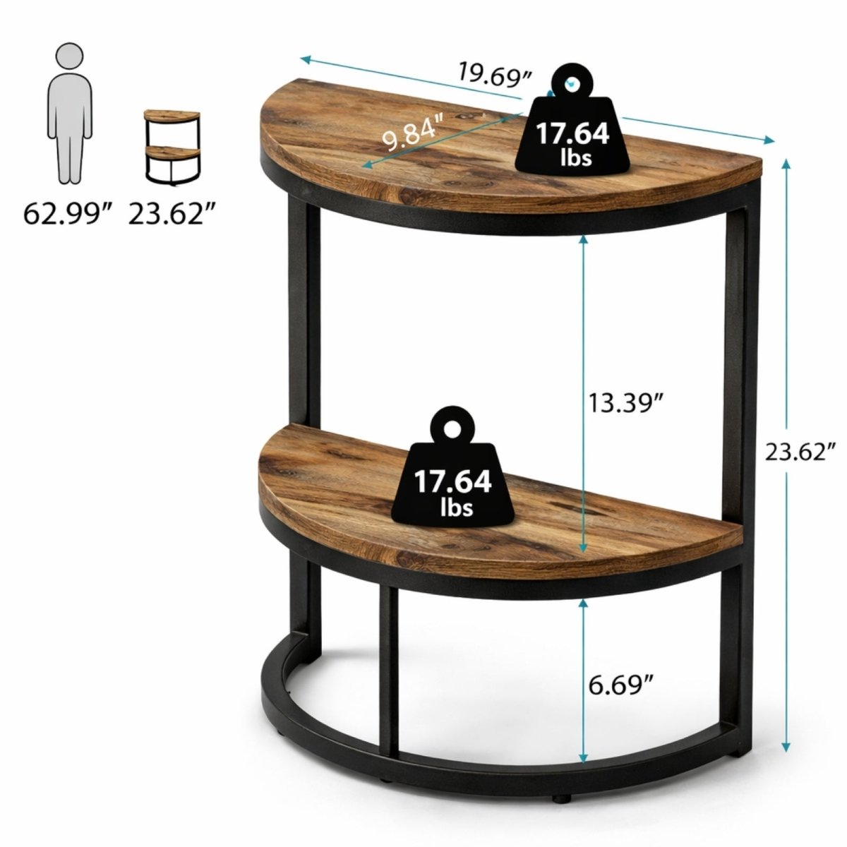 Dimension diagram of Kouvr side table showing 23.62 inch height, 19.69 inch width, and 17.64 lb weight capacity per shelf.