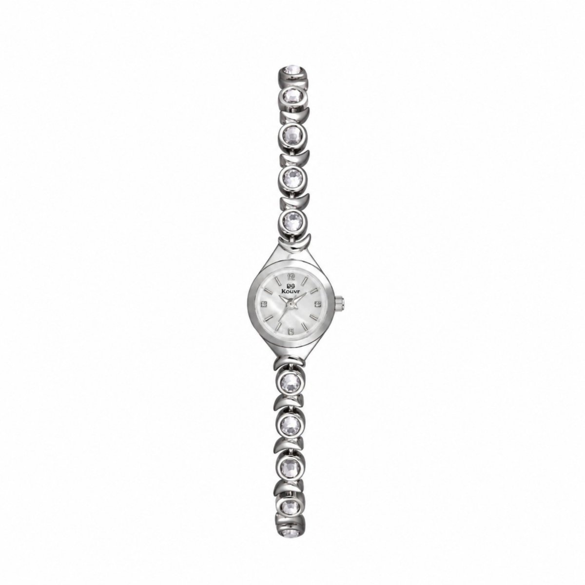 Front view of the Kouvr women's silver dress watch highlighting the mother of pearl dial and crystal band.