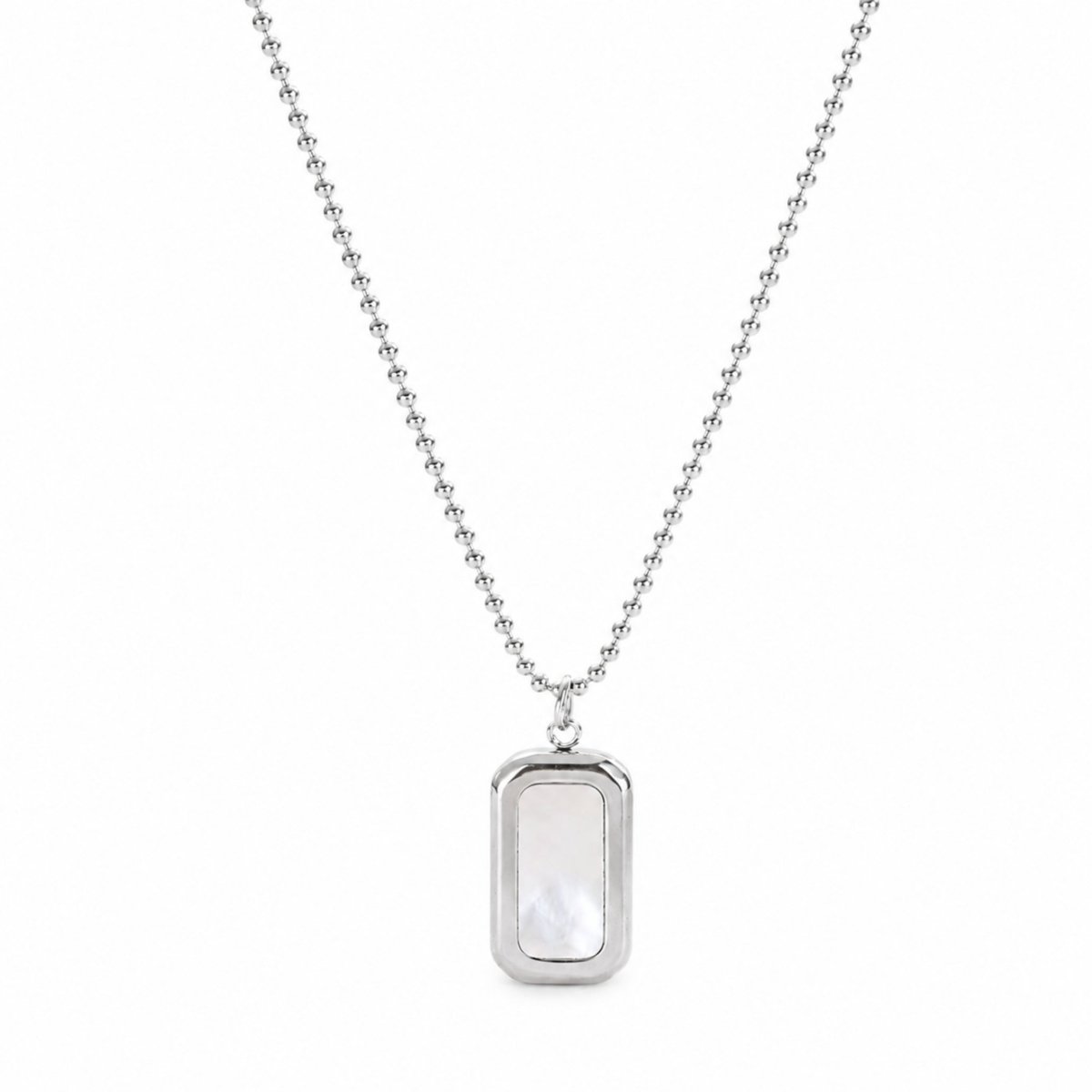 Minimalist silver ball chain necklace with rectangular mother of pearl pendant by Kouvr
