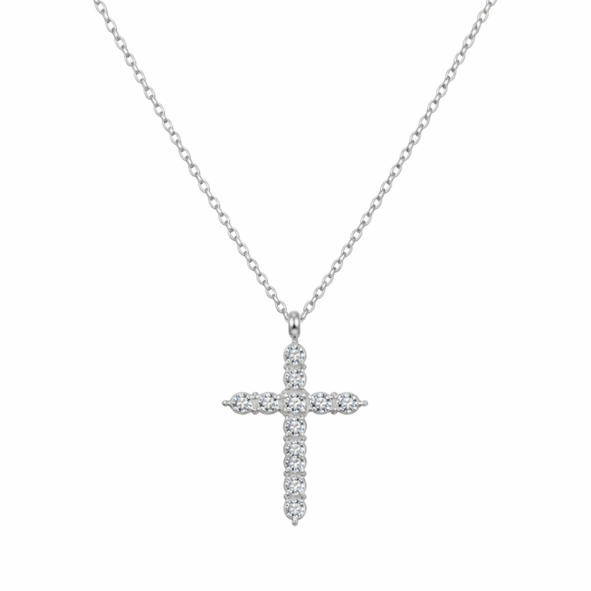  Silver-tone pave diamond cross pendant necklace by Kouvr featuring hand-set cubic zirconia on a white background.
