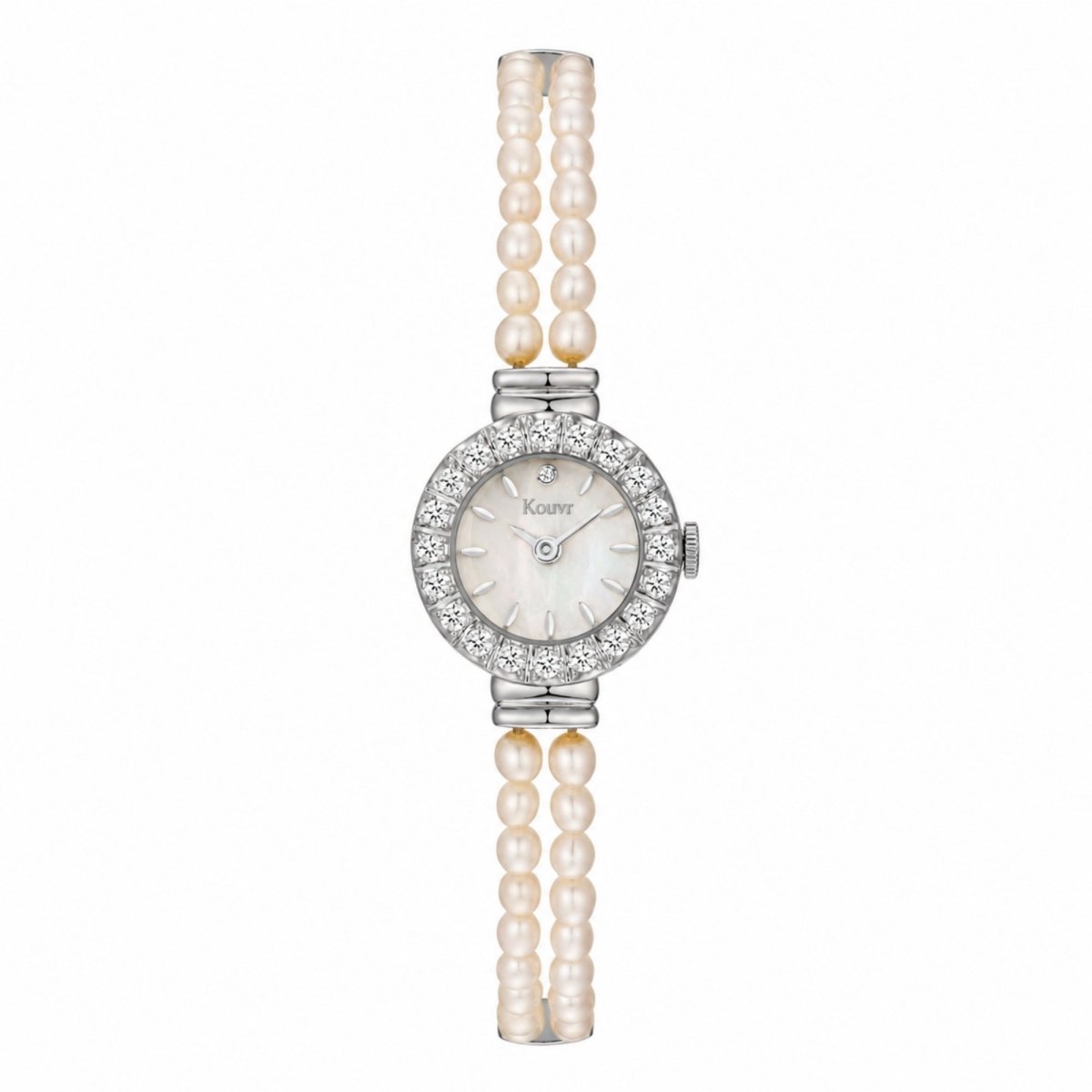 Front flat lay view of the Kouvr women's watch featuring a double row pearl strap, brilliant crystal halo bezel, and a luminescent mother of pearl face.