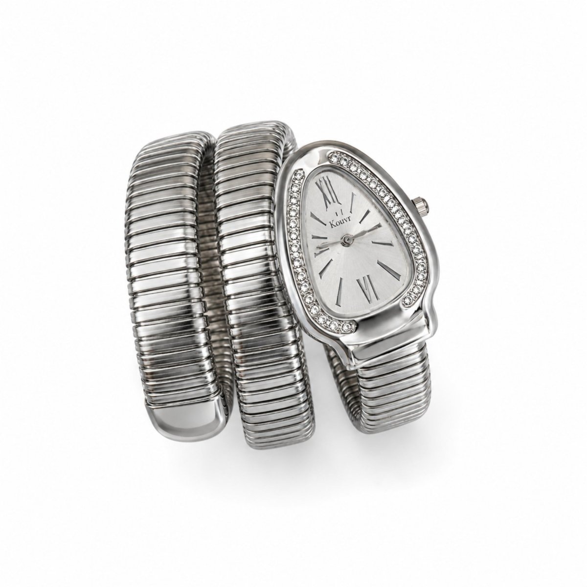 Detailed studio shot of the Kouvr silver multi-wrap watch highlighting the brilliant crystal bezel and engineered flexible band.