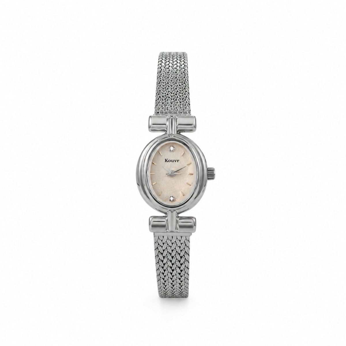 Detailed isolated view of Kouvr silver women's minimalist watch featuring distinctive t-bar lugs and an intricate metal mesh strap