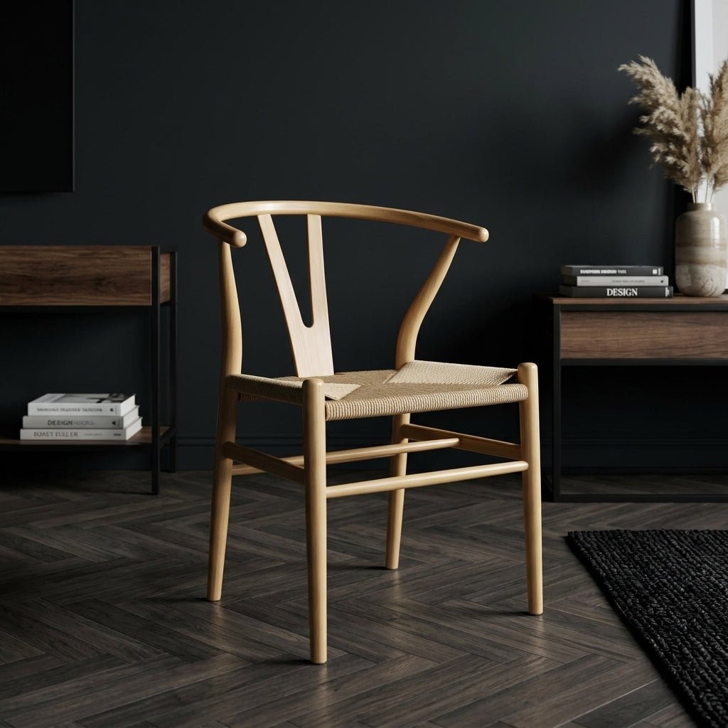 Single iconic natural wood wishbone chair used as a stylish accent seating piece in a modern dark-toned home office or study.