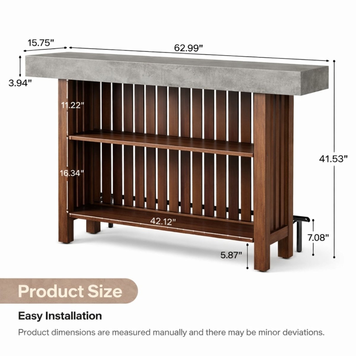 Detailed product dimensions for the Kouvr home bar, showing an overall width of 62.99 inches and a height of 41.53 inches.