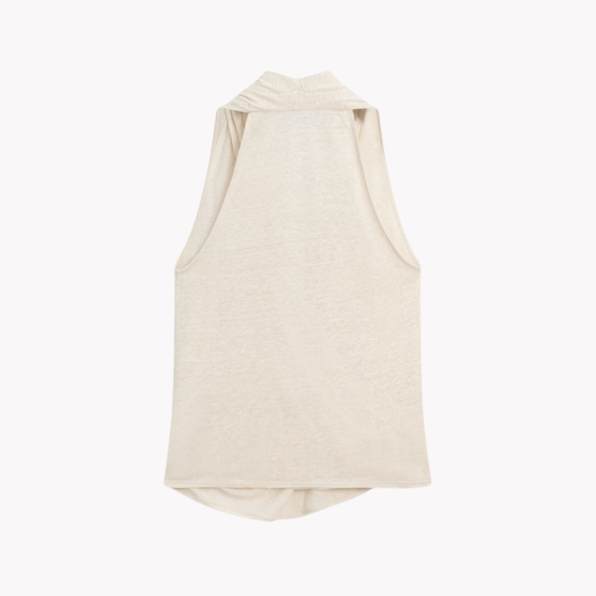Studio flat lay back view of a sand colored sleeveless blouse showcasing the sleek high neckline and premium stitching.