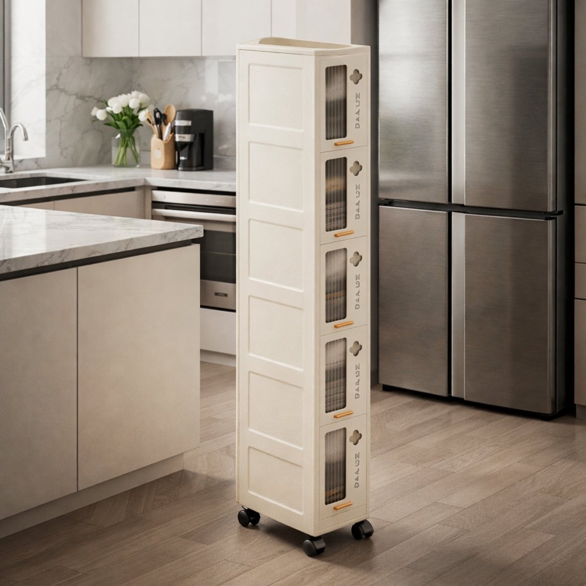 Kouvr slim rolling storage cart in cream fitting perfectly in a narrow kitchen gap next to a stainless steel refrigerator.