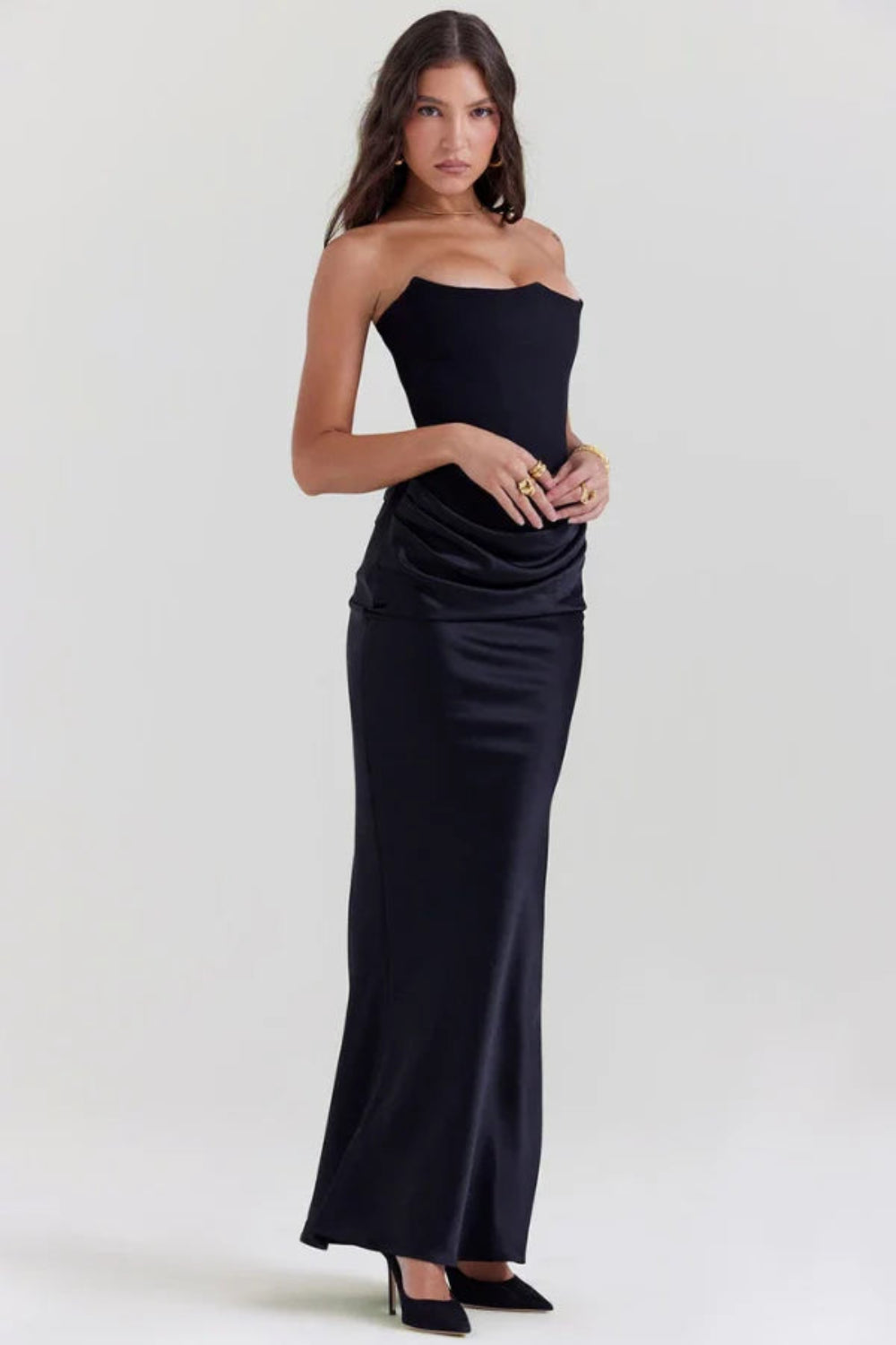 structured bodice," "draped waist," "satin formal dress," "old Hollywood glamour," "sculptural silhouette