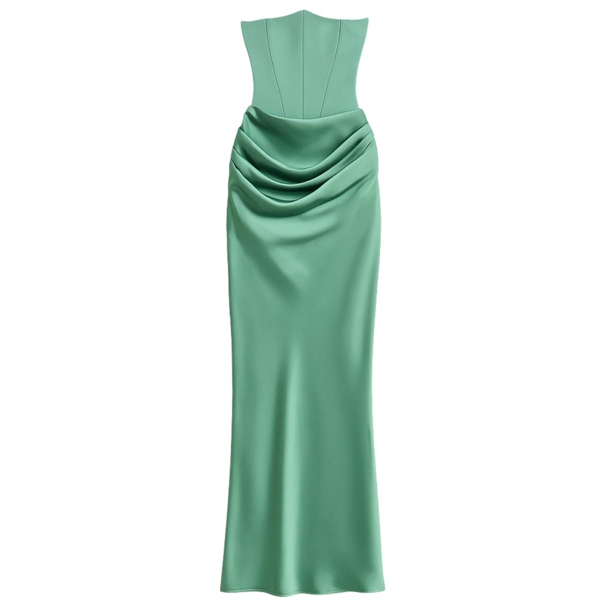 Sage green Kouvr evening gown on a white background