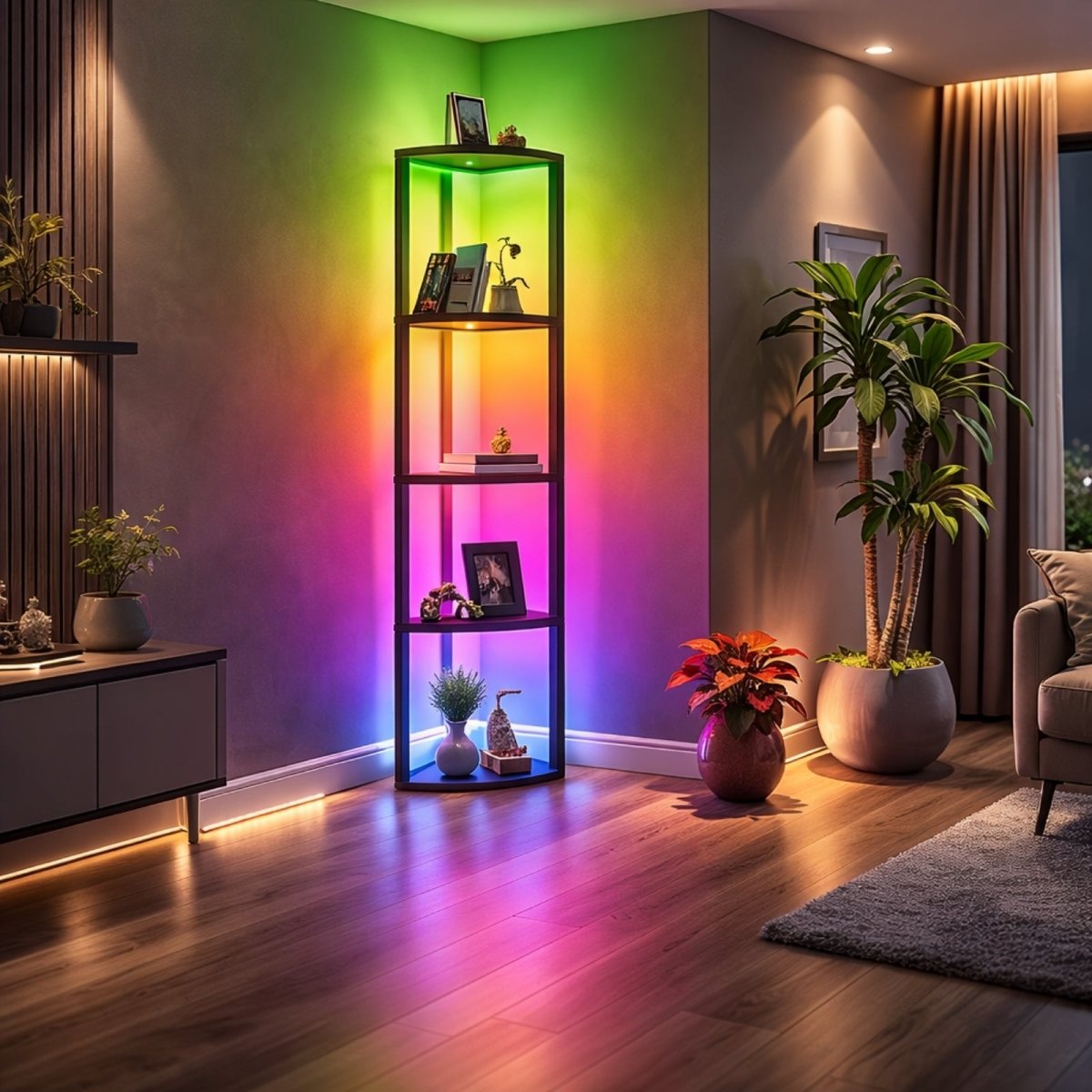 Luxury living room featuring Kouvr corner floor lamp shelf emitting warm ambient yellow light, styled with potted plants and minimalist decor.