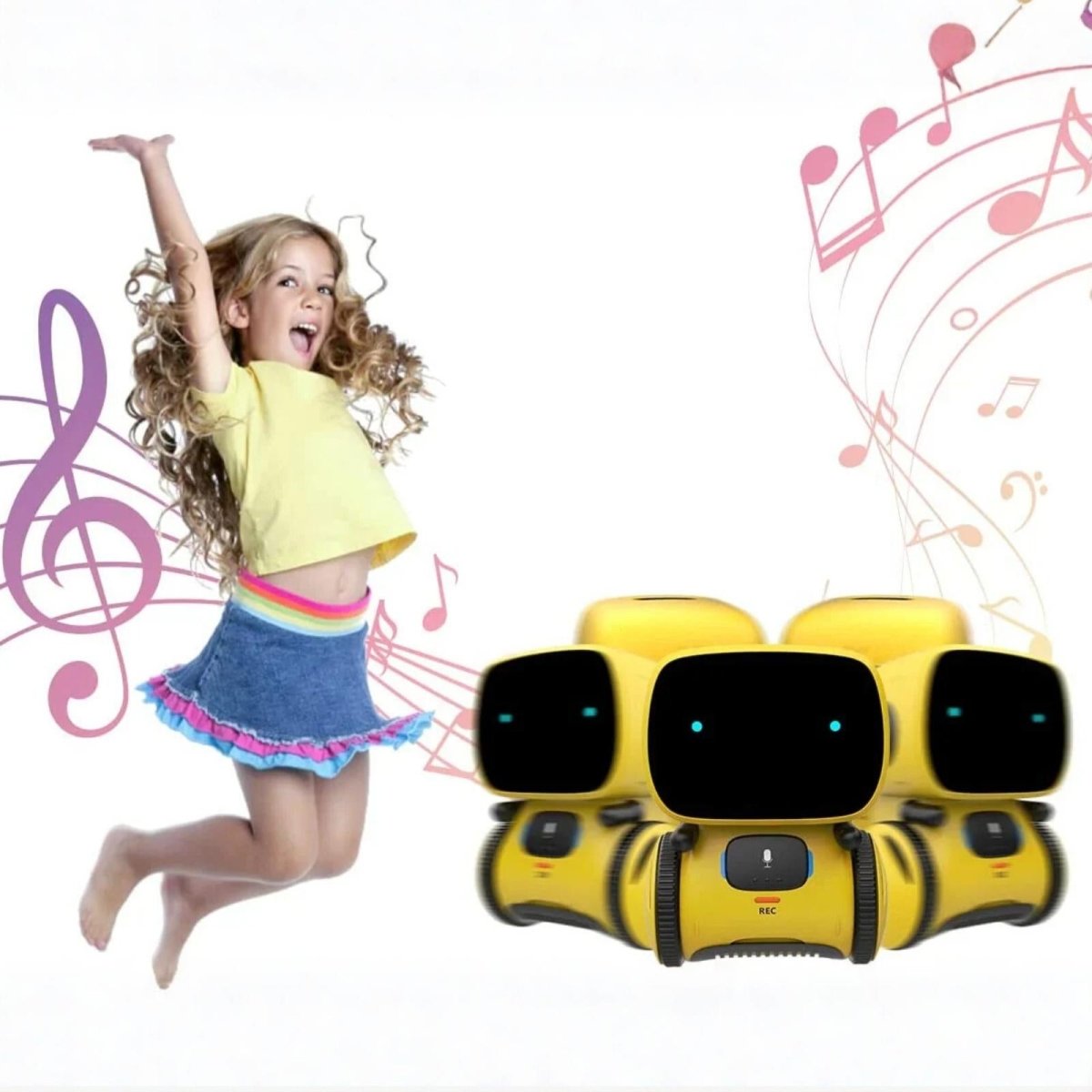 A young girl joyfully dancing alongside a group of yellow Kouvr robots, illustrating the singing and dancing function.
