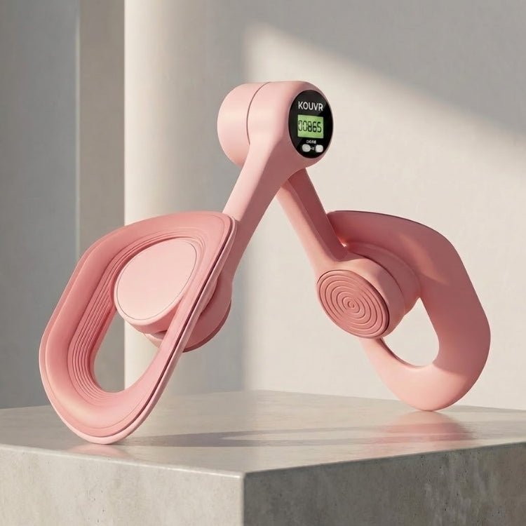 A pink KOUVR smart Kegel trainer rests on a concrete pedestal with dramatic lighting, highlighting the digital display screen showing a rep count.