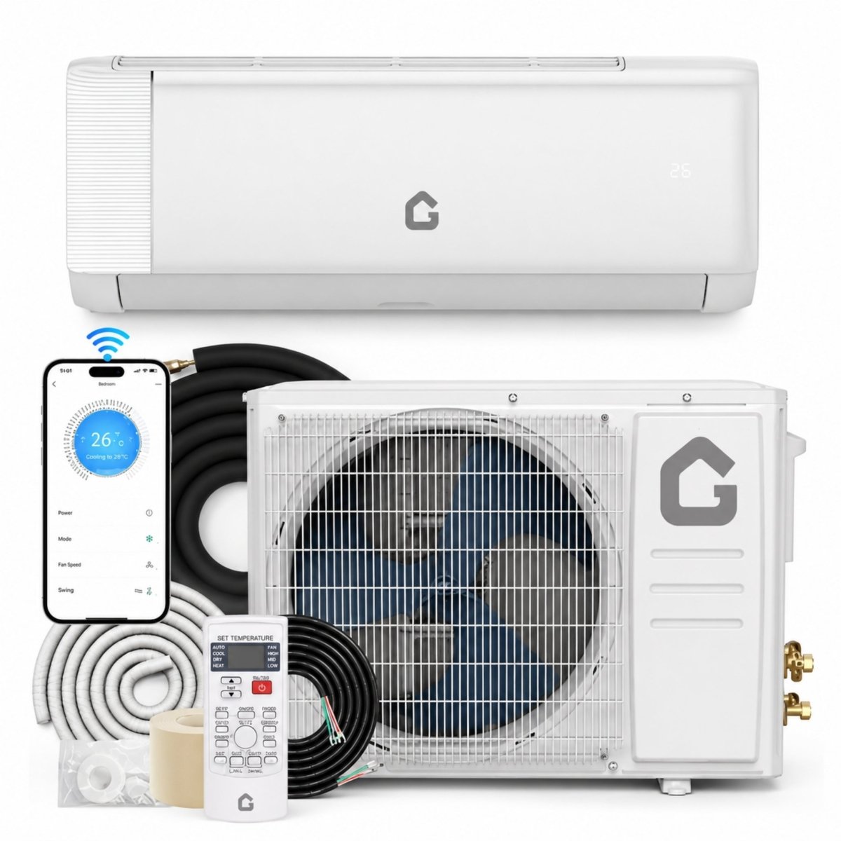 Kouvr 24000 BTU smart ductless mini split air conditioner and outdoor heat pump unit with smartphone app control and complete installation kit.