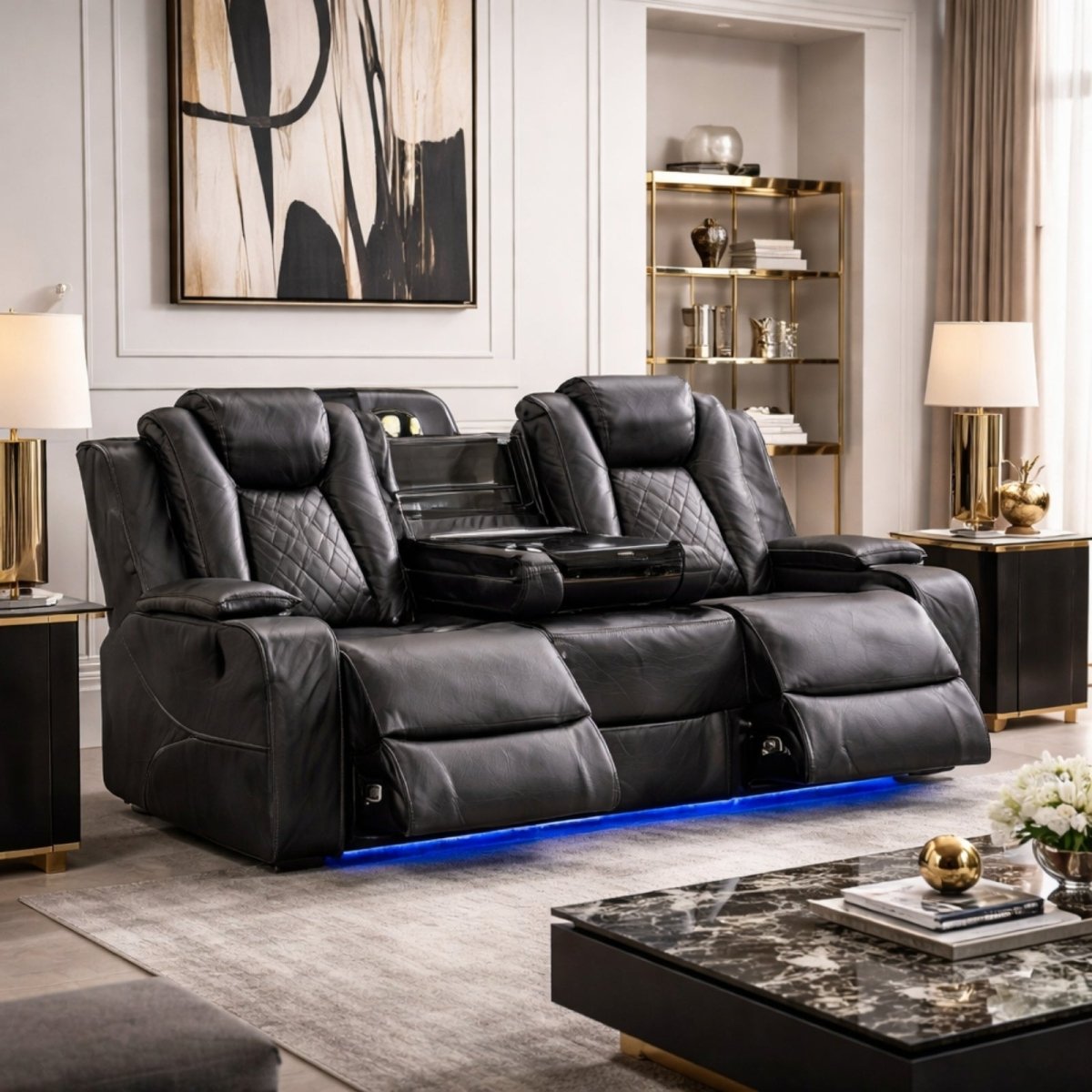 Close up of drop-down center console table featuring dual overhead reading lights, wireless charging pad, and cup holders.