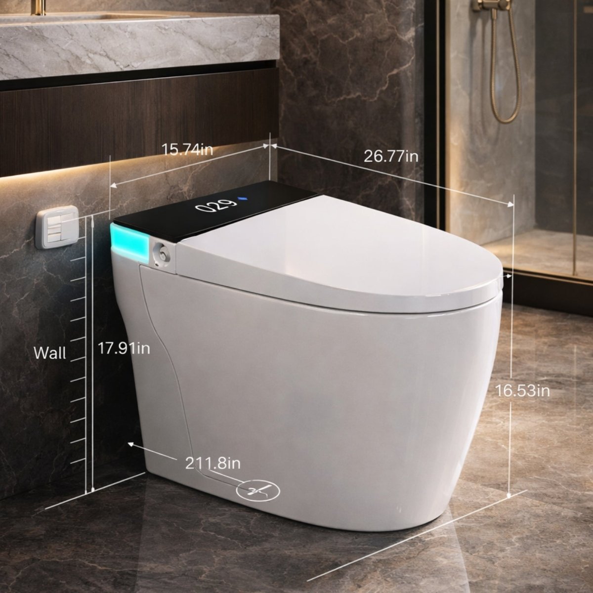 The Kouvr smart toilet with detailed product dimensions, showing a length of 26.77 inches, width of 15.74 inches, and height of 17.91 inches.