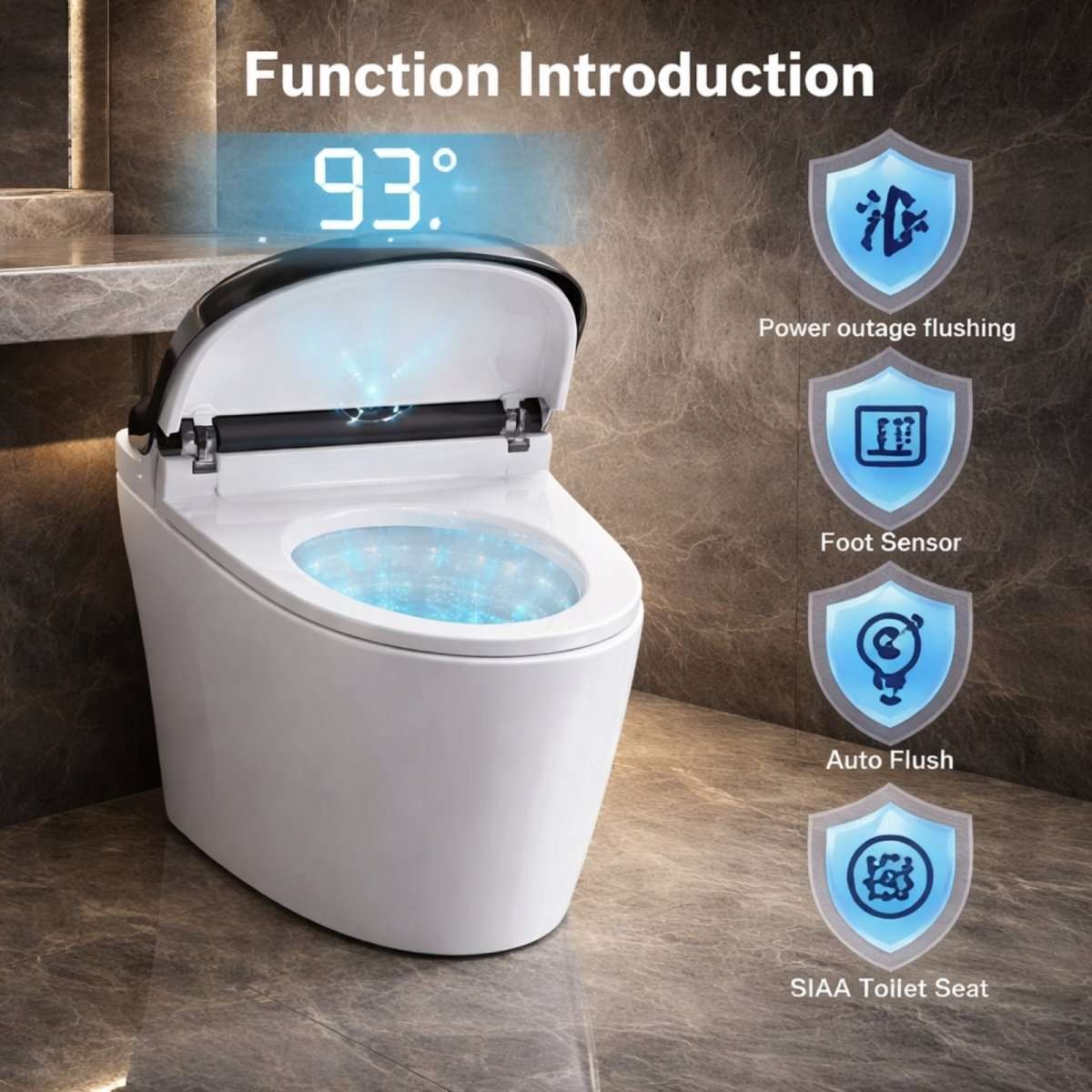 A functional overview of the Kouvr smart toilet, highlighting features like power outage flushing, foot sensor, auto flush, and an SIAA antibacterial toilet seat.