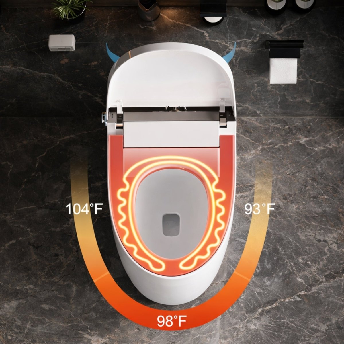 A top-down view of the Kouvr smart toilet illustrating the adjustable heated seat with temperature ranges from 93°F to 104°F.