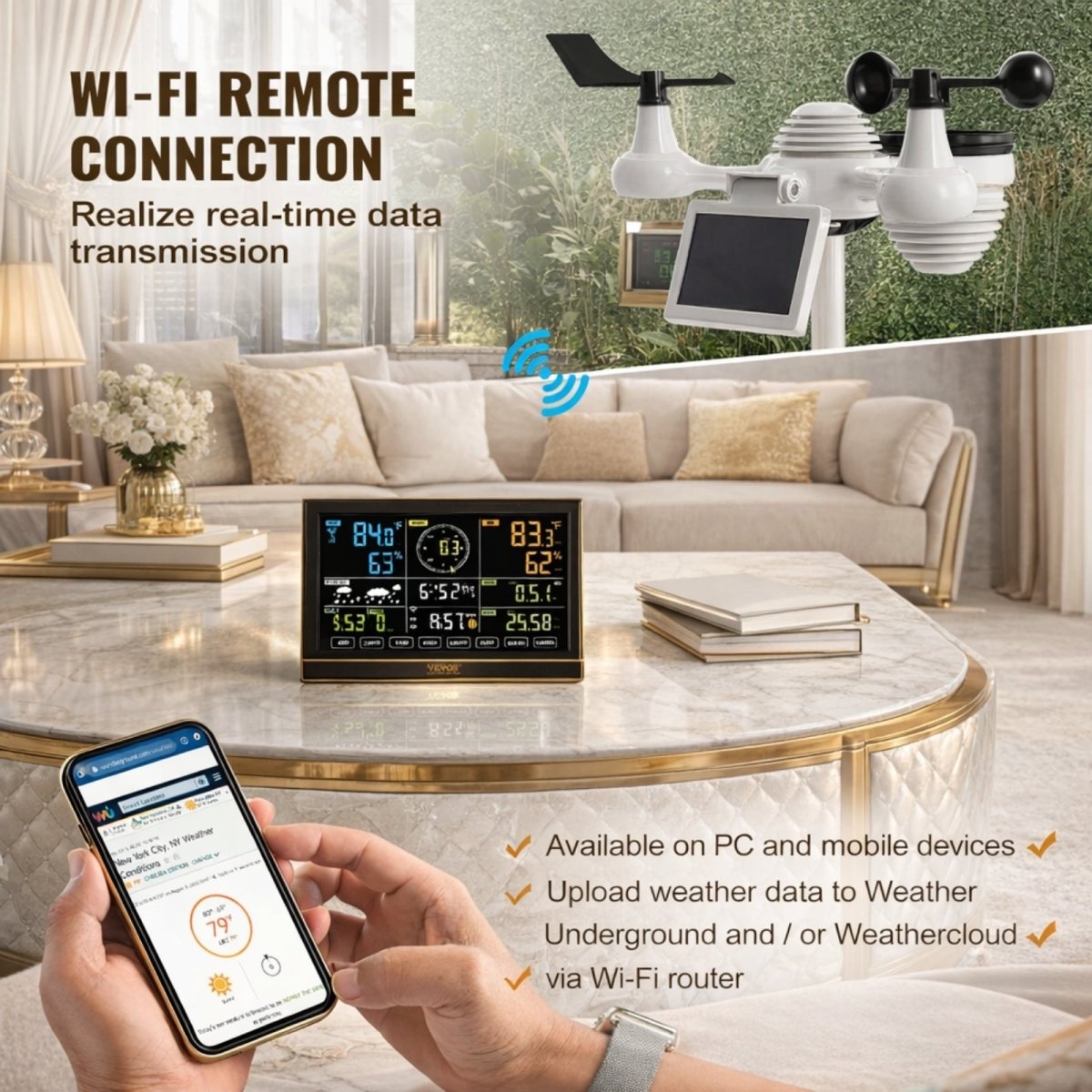 A person viewing real-time weather data on a smartphone from their Kouvr smart weather station, demonstrating seamless Wi-Fi connectivity to Weather Underground.