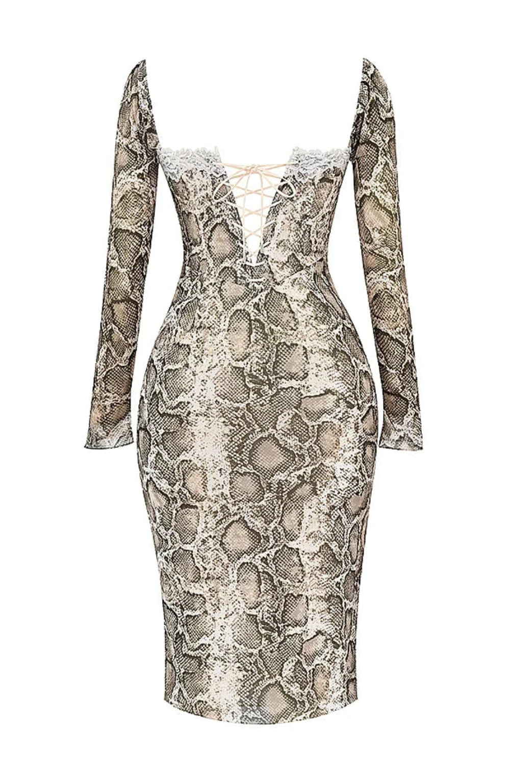Weave these naturally into your product description: python print dress, square neckline dress, going out dress, date night outfit, mesh bodycon, fitted evening dress, brown animal print dress.