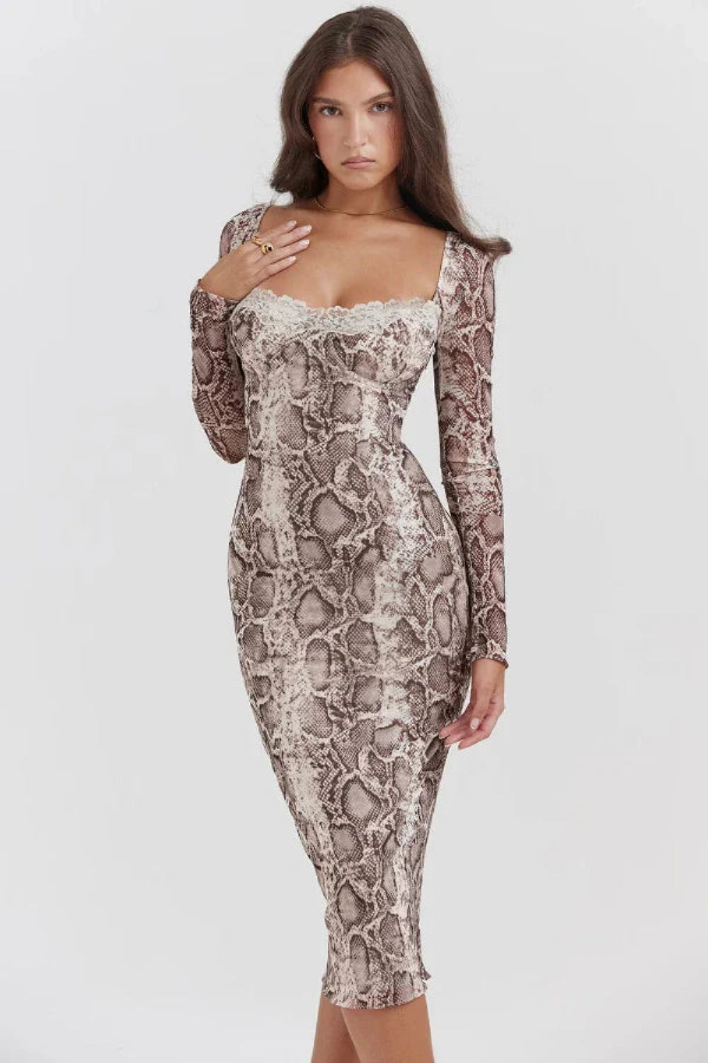 Weave these naturally into your product description: python print dress, square neckline dress, going out dress, date night outfit, mesh bodycon, fitted evening dress, brown animal print dress.